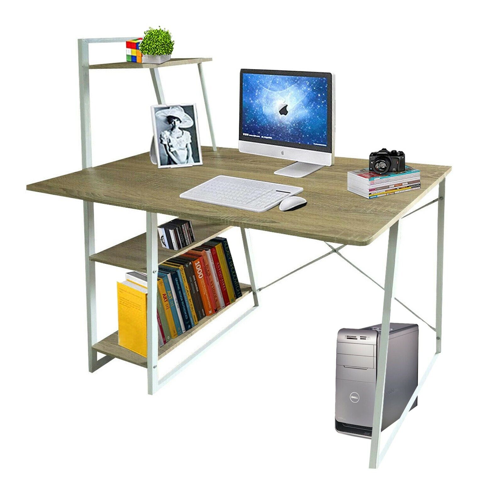 3 Level Computer Desk LARGE COMPUTER DESK WITH 4 TIER STORAGE SHELVES MULTI LEVEL WRITING ST ...