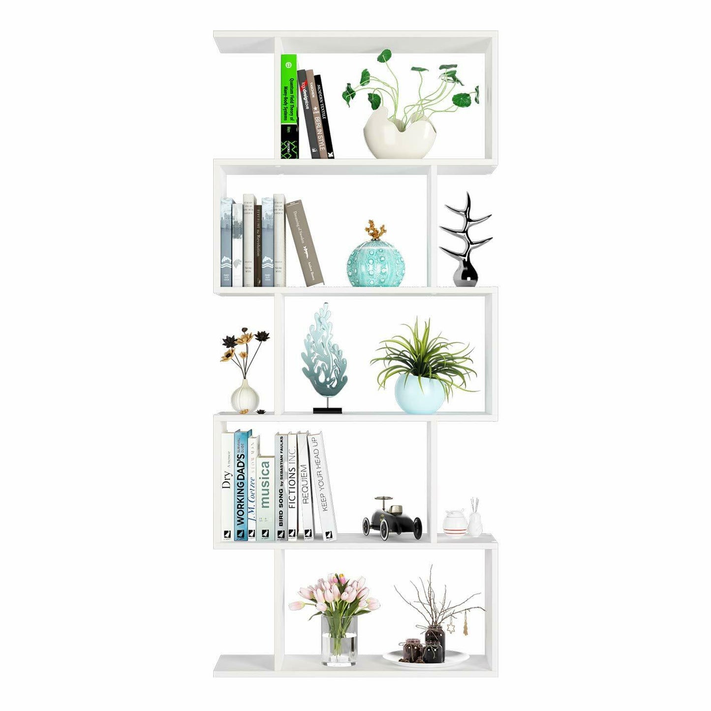 Wood Bookcase Bookshelf S Shape 5 Tier Shelves Free Standing Shelving Storage