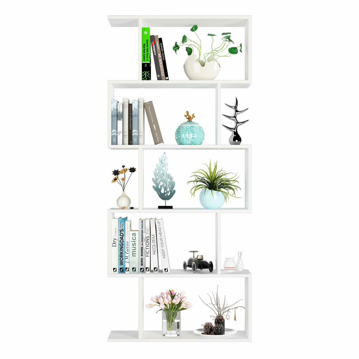 Wood Bookcase Bookshelf S Shape 5 Tier Shelves Free Standing Shelving Storage