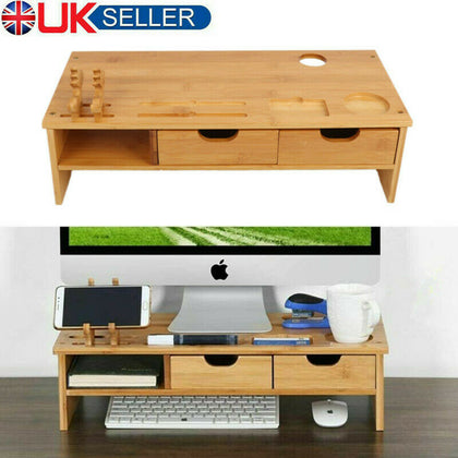Bamboo Monitor Stand Laptop Computer Screen Riser Rack w/Storage drawer UK