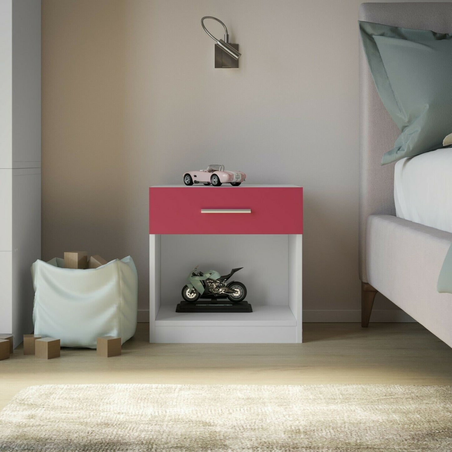 Orlando 1 Drawer Wooden Kids Bedroom Bedside Cabinet Nightstand Side Table Shelf