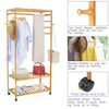 Heavy Duty Wooden Clothes Stand Coat Hanger Hooks with Double Shoe Rack & Wheels