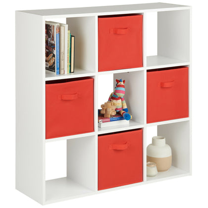 Hartleys White 9 Cube Shelving Unit Furniture Shelves 4 Red Fabric Storage Boxes