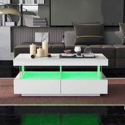 Coffee Table High Gloss LED RGB Tea Table With Storage Drawers Living Room HT