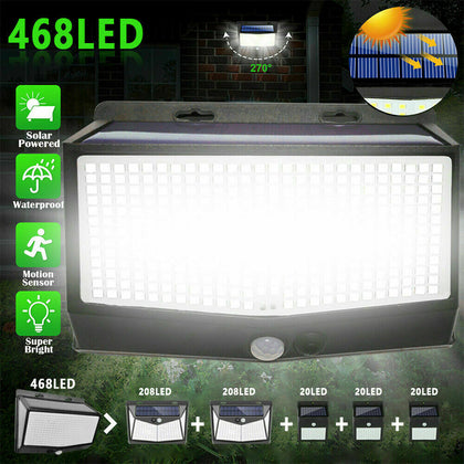468LED Solar Powered Wall Security Lights PIR Motion Sensor Garden Outdoor Lamp