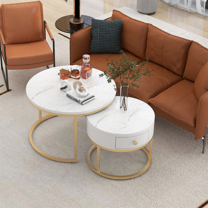 Round Nesting Coffee Table Stacking Side Tables Set with Storage Drawer White