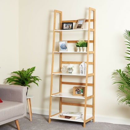 HARTLEYS WHITE & BAMBOO 5 TIER TALL BOOKCASE SHELVES MODERN HOME SHELVING UNIT