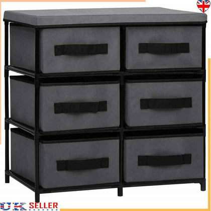 Shelving Storage Cabinet With 6 Fabric Drawers Baskets Chest of Drawers Grey UK