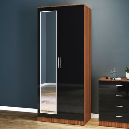 2 Door Double Wardrobe Storage Full Mirrored Black Walnut Retro Style Furniture