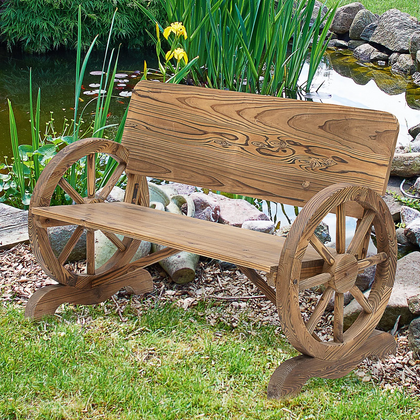 Rustic Wooden Bench 2 Seater Garden Outdoor Patio Porch Wagon Wheel Vintage Wood