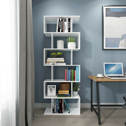 Wood Bookcase Bookshelf S Shape 6 Tier Shelves Free Shelving Storage Unit White