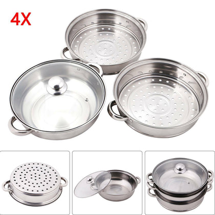 3 TIER INDUCTION HOB STAINLESS STEEL 28CM STEAMER POT PAN COOKER SET GLASS LID