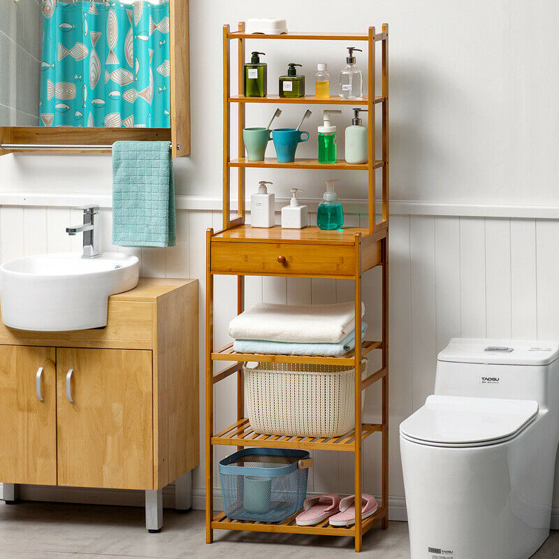 Modern Bathroom Shelf 7 Tier Kitchen Storage Rack Organizer Wood Shelving Unit