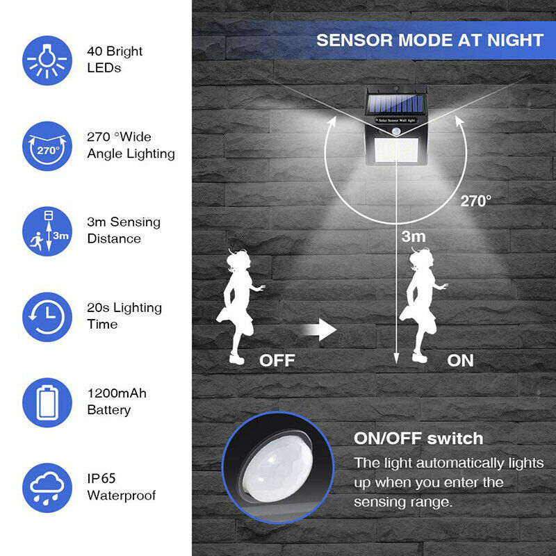Solar Power Motion Sensor Garden Outdoor Floodlight LED PIR Security Light Save