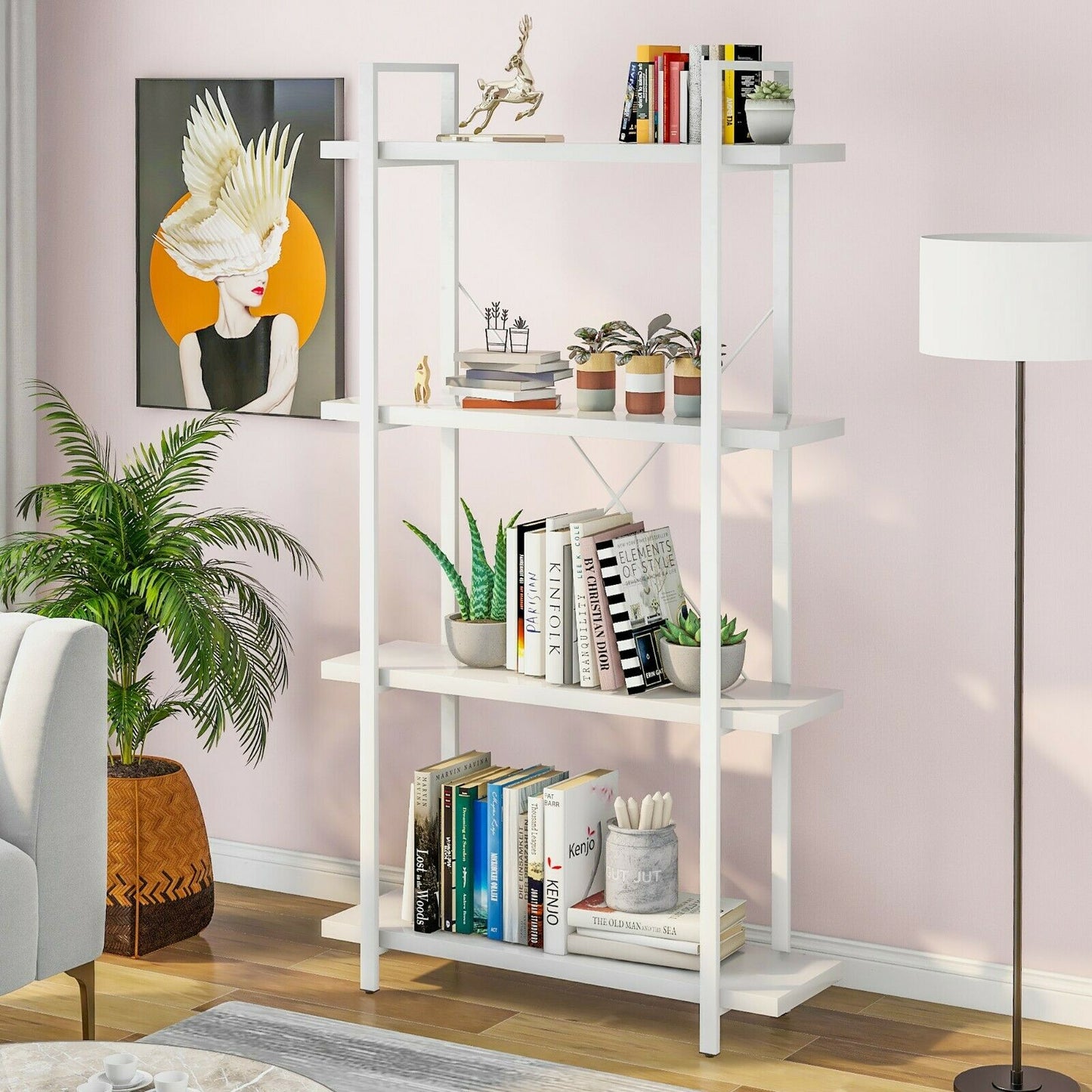 Bookshelf 4-Tier Industrial Storage Shelves Metal Ladder Living Room Display