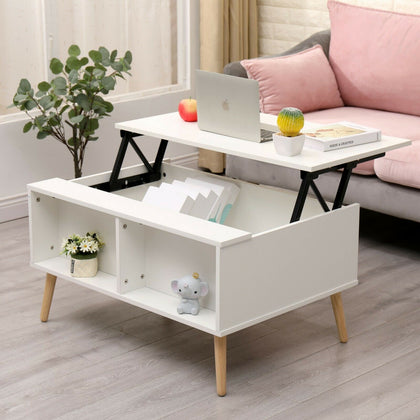Juyouli Lift Up Top Coffee Table Wooden Leg Storage Inside & Shelf Side Table
