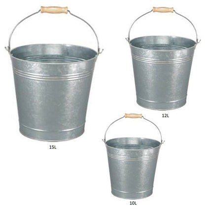 TRADITIONAL GALVANISED STRONG STEEL METAL SMALL LARGE BUCKET WITH WOODEN HANDLE