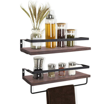 2 Long Natural Wood Black Metal Wire Wall Shelving Hanging Towel Bar Hanger Rack