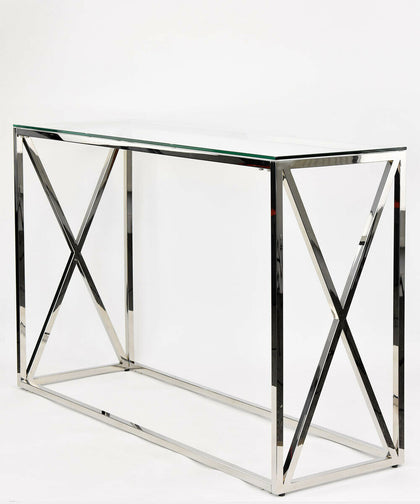 Glass Console Table Chrome Stainless Steel Modern Tempered Glass Living Room