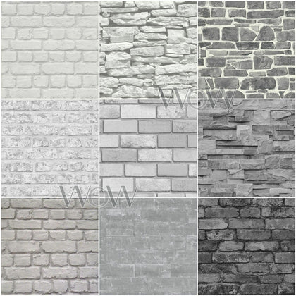 GREY CHARCOAL WHITE SILVER BRICK WALL WALLPAPER - RUSTIC MOROCCAN METALLIC STONE