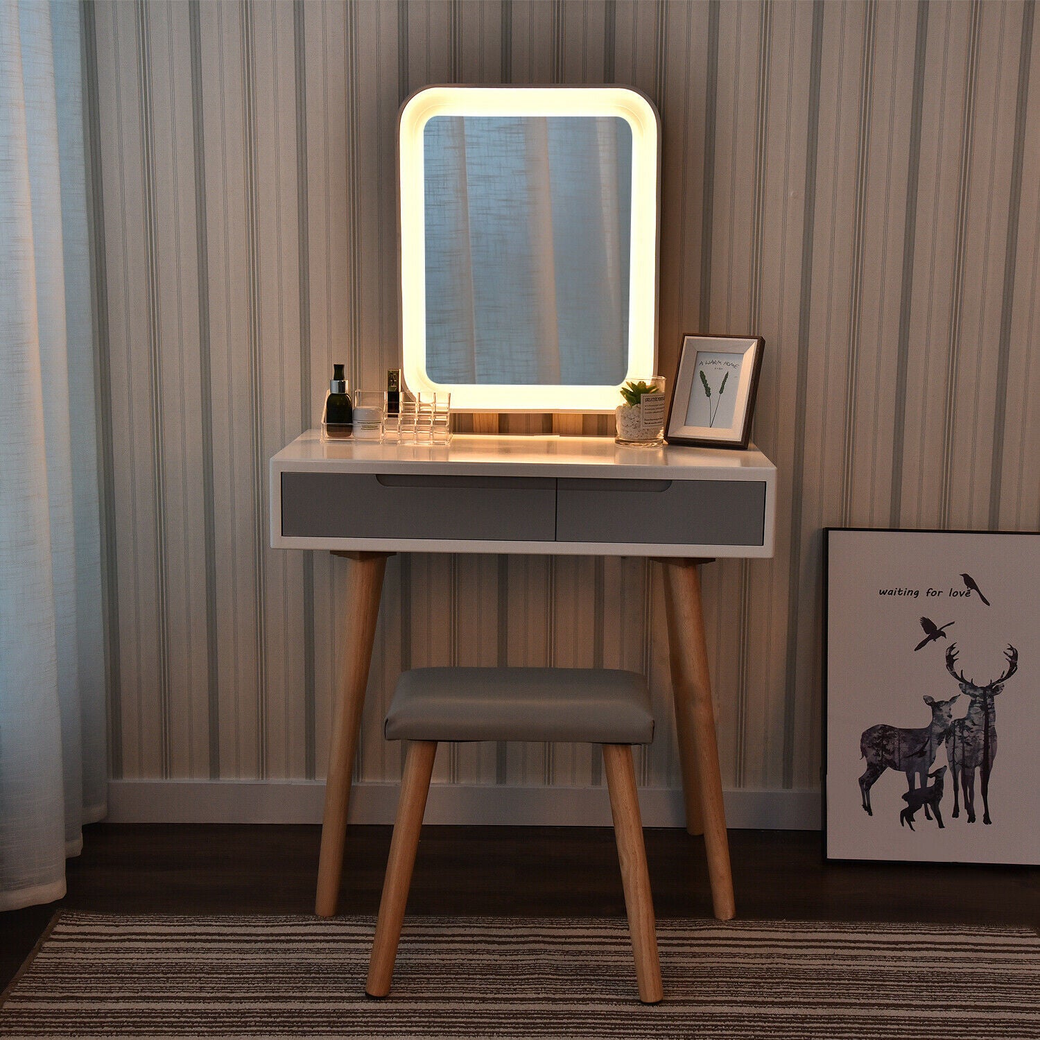 Dressing Table Vanity Desk LED Lighted Mirror Set Makeup Dresser Table w/Stool