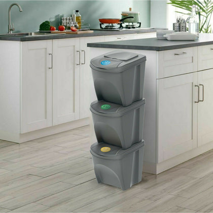 Recycle Bins 25L x 3 Food Stackable Waste Recycling Lids Kitchen Garden Dustbin
