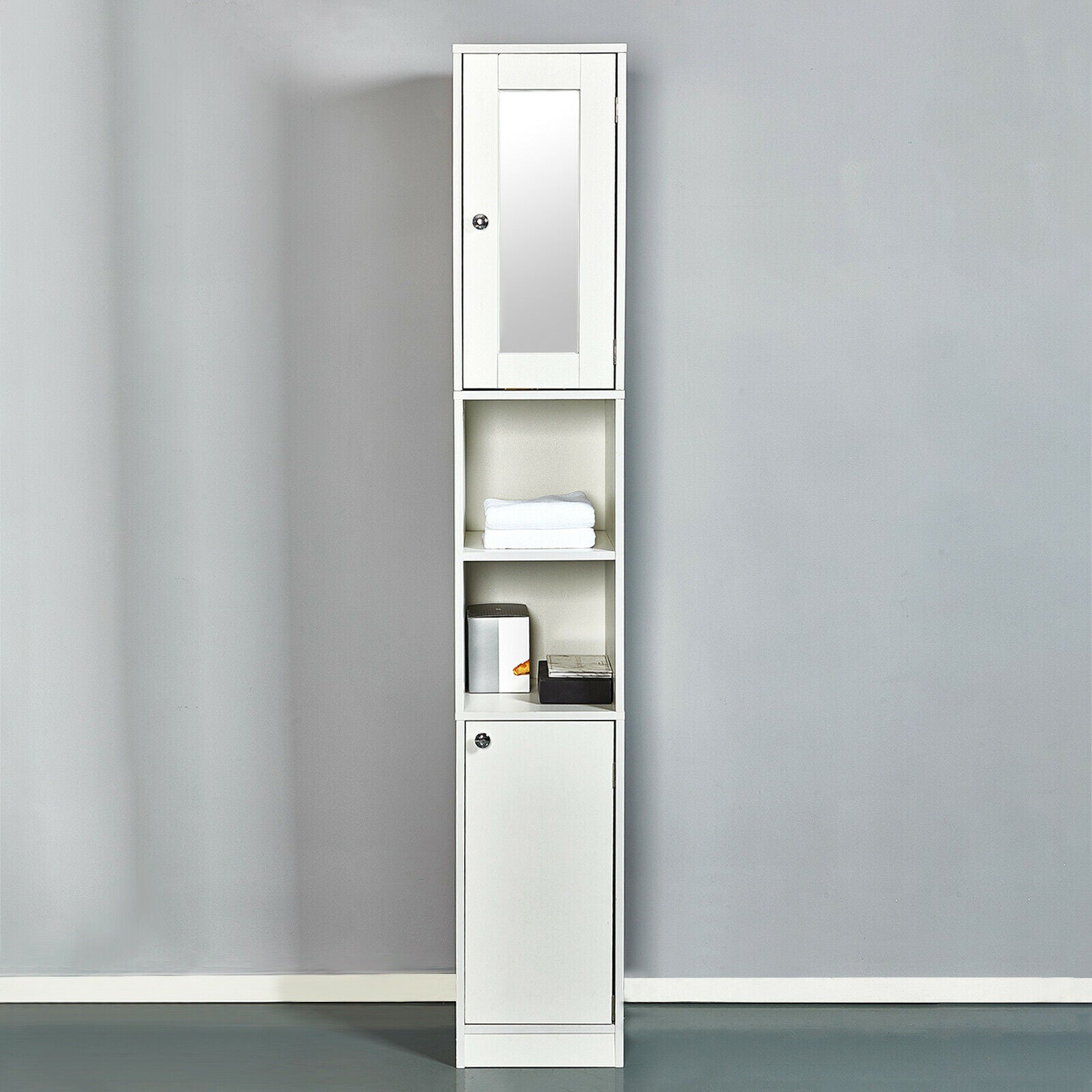 Bathroom Cabinet Shelf Mirror Door Tallboy Cupboard Unit Storage White 180 CM