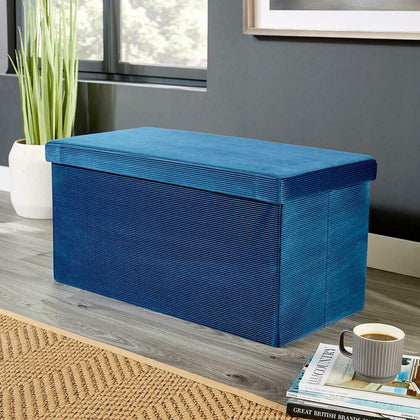 Large Folding Ottoman Navy Blue Ribbed Cord Fabric Chest Storage Space Box