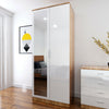 2 Doors Wardrobe White High Gloss Storage Hanging Rail Furniture with Mirror