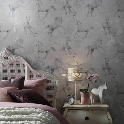 NEW ARTHOUSE CARMARILLO HORSE PATTERN SILVER GLITTER CHILDRENS WALLPAPER 667300