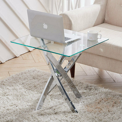 Small Glass Side Table Sliver Coffee Table Square Plant Lamp Bedside Chrome Unit