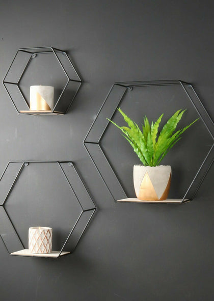 Set of 3 Hexagon Wall Shelves Industrial Style Metal Wood Shelving Shelf Display
