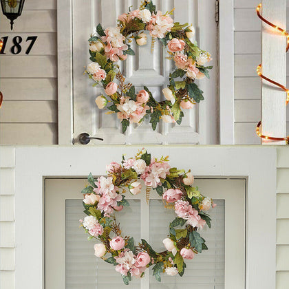 Large LED Artificial Hydrangea Rose Wreath Door Floral Garland Home Flower Decor