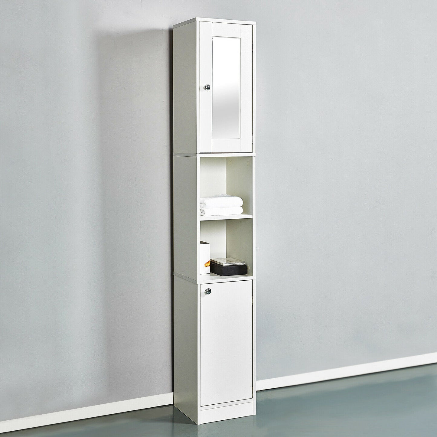 Bathroom Cabinet Shelf Mirror Door Tallboy Cupboard Unit Storage White 180 CM