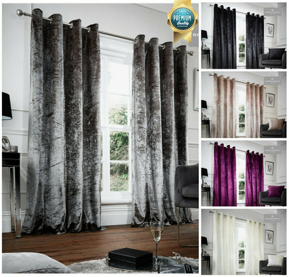 Crushed Velvet Eyelet Curtains Lavish Ready Made Stylish Ring Top and Tie Backs