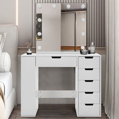 White Dressing Table W/ 10 LED Light Mirror Vanity Makeup Desk 6 Drawers Cabinet