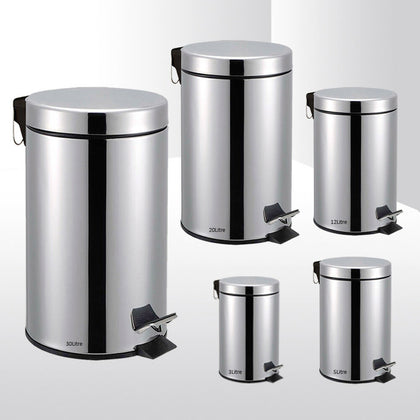 3L 5L 12L 20L 30L S/LESS STEEL SILVER PEDAL BIN KITCHEN BATHROOM TOILET RUBBISH