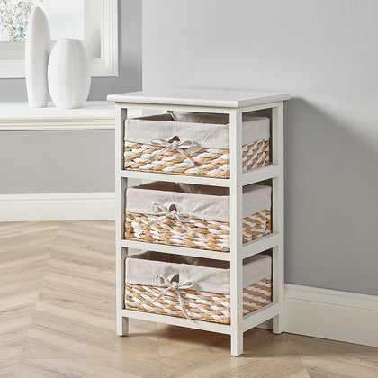 White Wooden Storage Unit 3 Drawer Wicker Basket Chest Organiser Bedroom Hallway