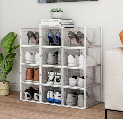 12x Clear Strong Plastic Shoe Storage Boxes Drawer Stackable Foldable Organizer