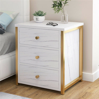 3 Drawers Bedside Table Nightstand Cabinet Bedroom Storage Home White Marble UK