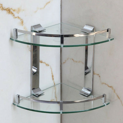 Shower Bathroom Corner Glass Shelf Wall Mounted 2Tier Level Caddy Organiser Rack
