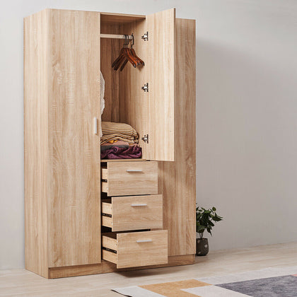3 Door 3 Drawer Wardrobe Oak Triple Wardrobe Bedroom Furniture Hanging Rail UK