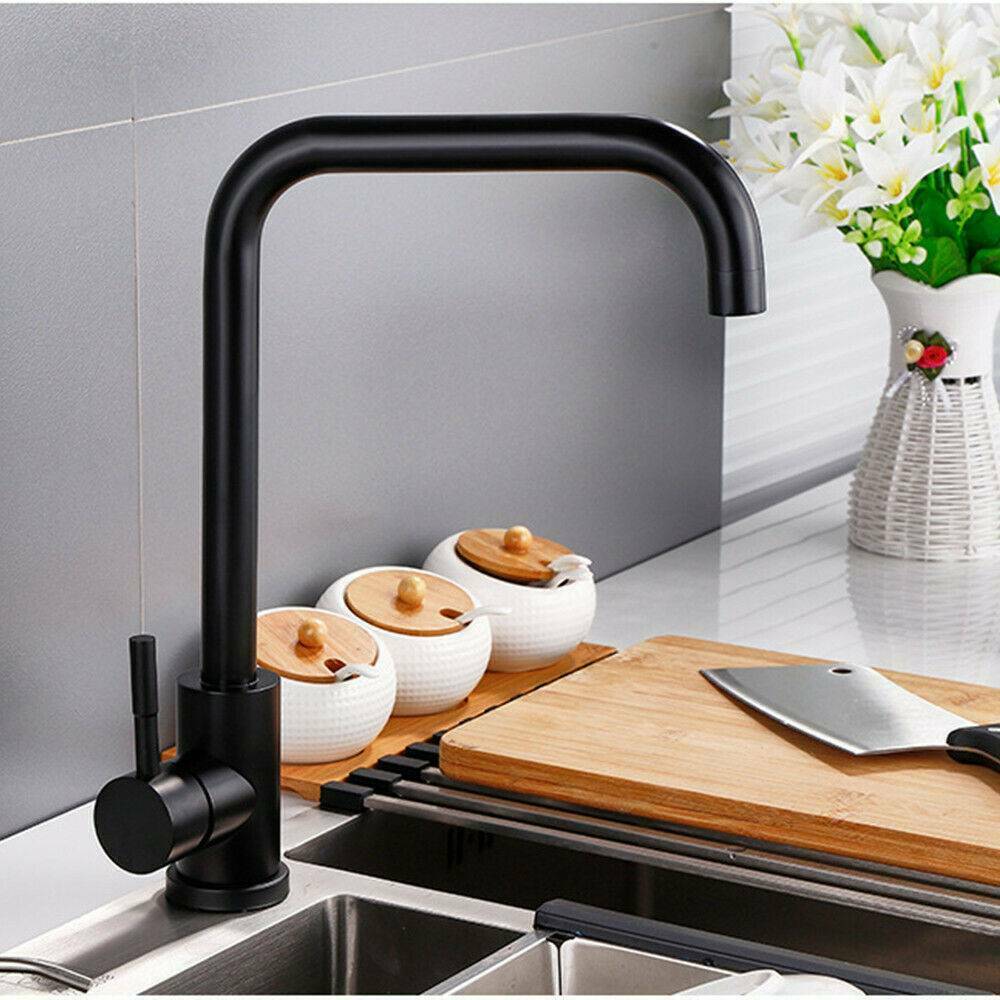 Modern Kitchen Sink Mixer Taps Single Lever Swivel Spout Black Mono Tap Faucet