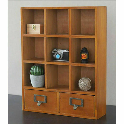 Small Brown Wall Cabinet Storage Display Rustic Wood Compartment Shelves Drawers