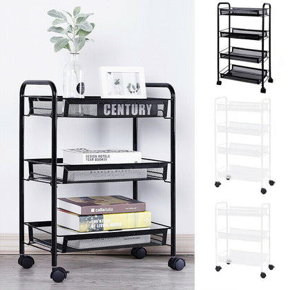 3 4 Tier Metal Mesh Rack BarStorage Trolley Cart Kitchen Bathroom Shelf w/Wheel