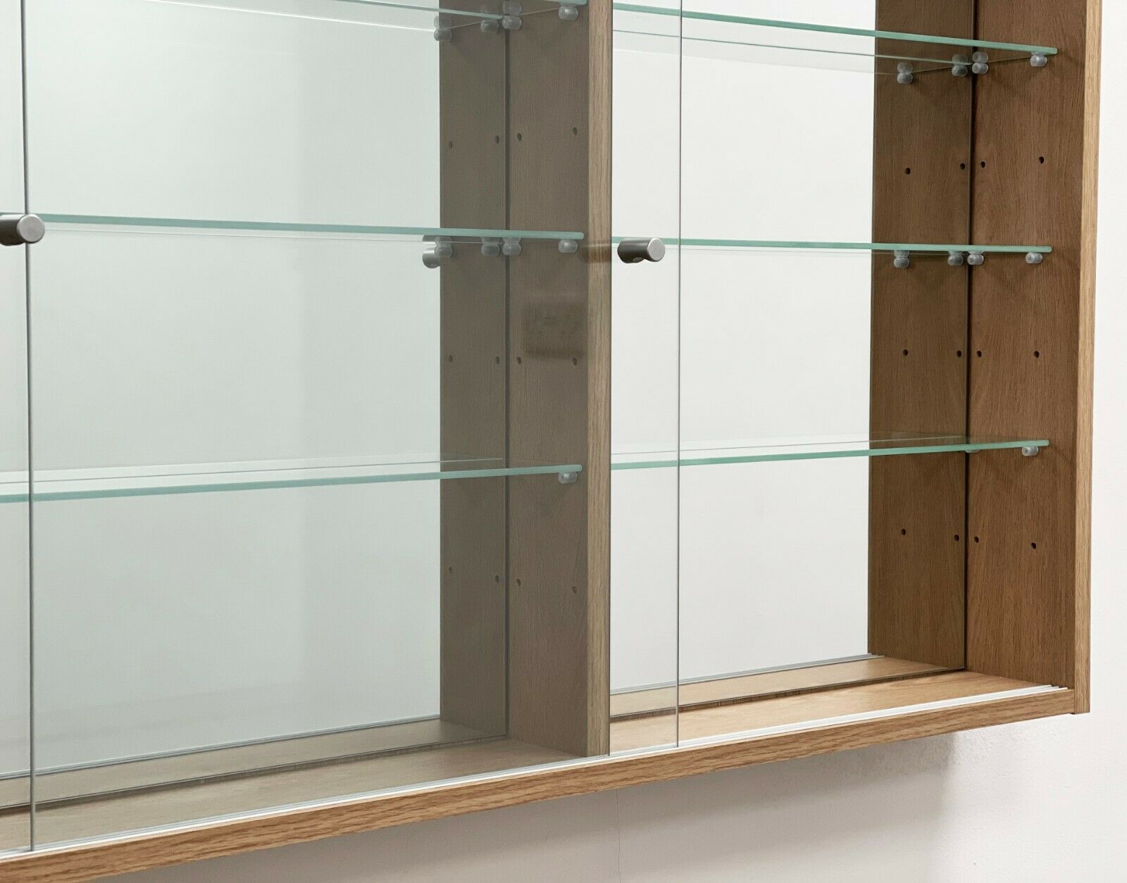 Glass Display Cabinet Wall Mounted Wide Large Toys Vapes Oak Effect Mirror Back