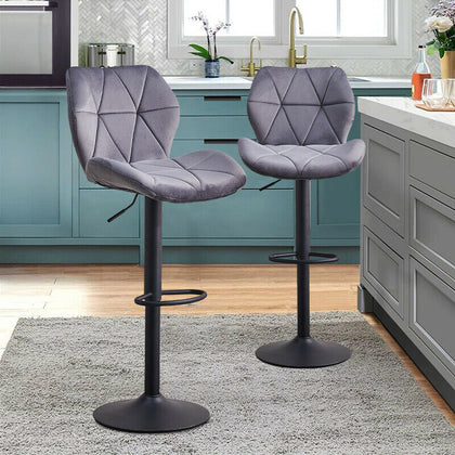 2x Grey Breakfast Bar Stools Velvet Swivel Gas Lift Chairs Kitchen Pub Chair New