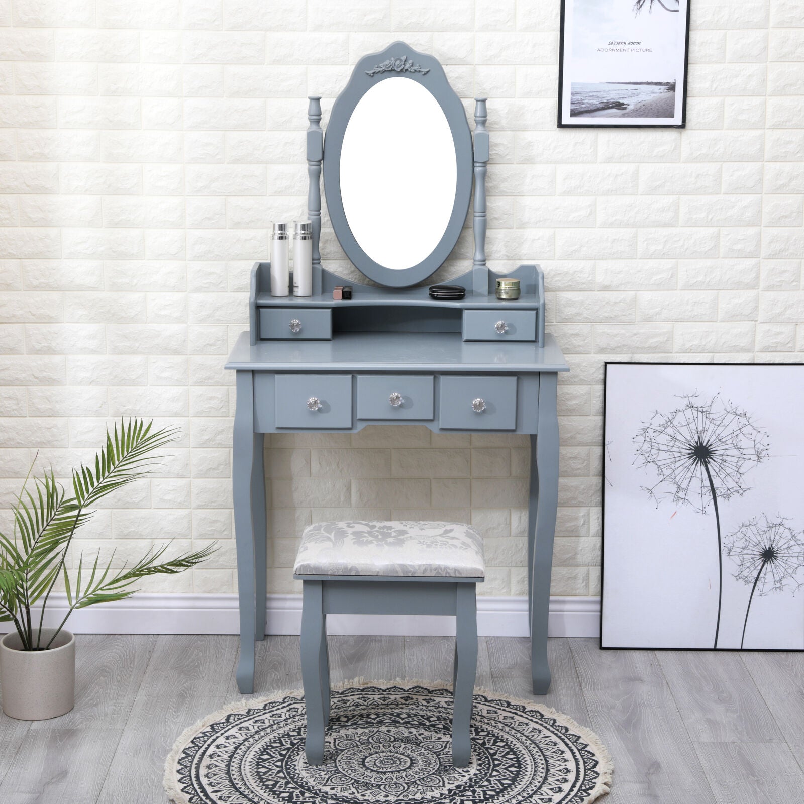 5 Drawer Grey Dressing Table Bedroom Vanity Unit, Oval MirrorStool Set Quildinc 5 Drawer Grey Dressing Table Bedroom Vanity Unit, Oval MirrorStool Set Quildinc