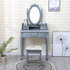 5 Drawer Grey Dressing Table Bedroom Vanity Unit, Oval Mirror & Stool Set
