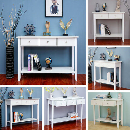 2/3 Drawers Console Table Storage Shelf Hallway Desk Wooden Dresser Desk White